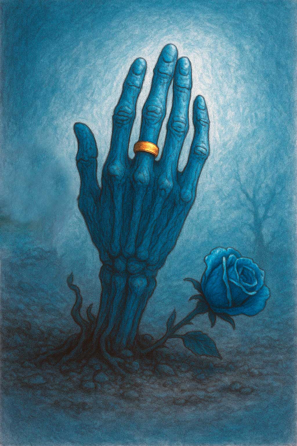 Mano esquelética azul con anillo de oro emergiendo del suelo junto a una rosa azul en un ambiente lúgubre, para representar el escape room La Novia Fantasma